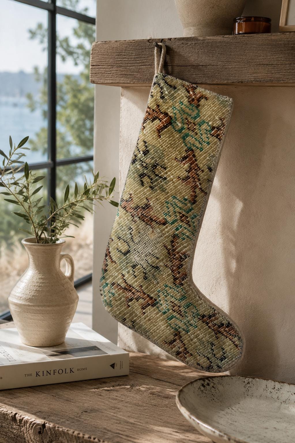 Turkish Rug Christmas Stocking, Handmade Vintage Anatolian Wool, Faded Beige Geometric, Boho Fireplace Decor