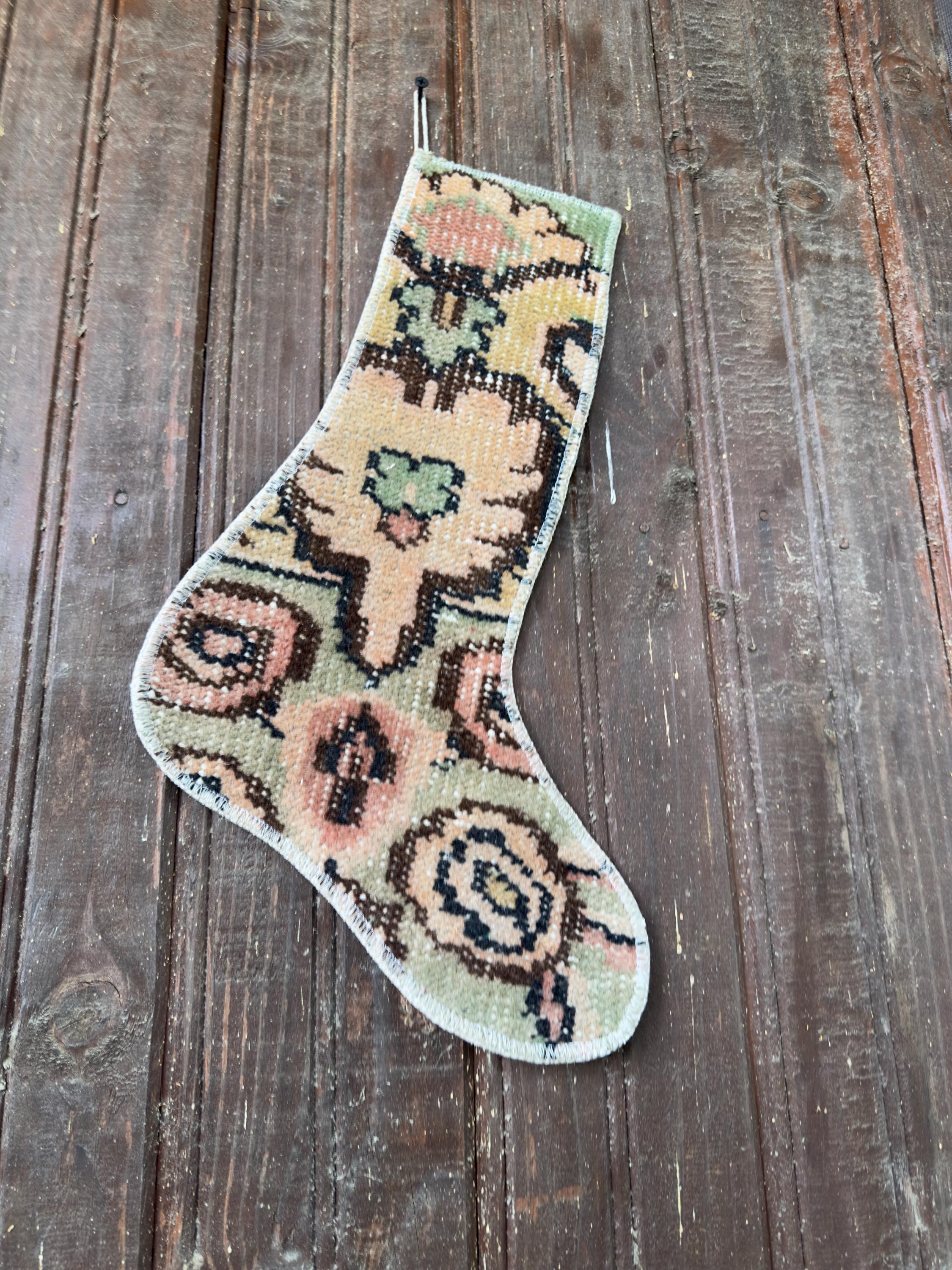 Vintage Turkish Rug Christmas Stocking, Large Peach Flower, Sage Salmon Mustard Brown, 11.8x16.1 in – view 5
