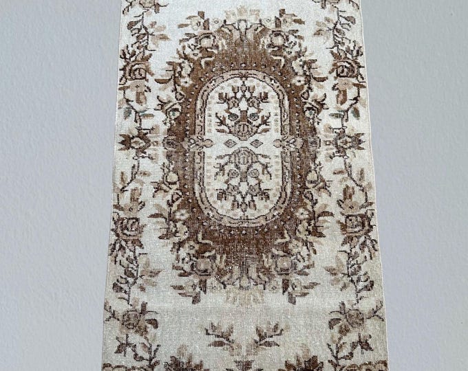 Vintage Turkish Wool Rug: Brown Beige Floral Entryway Rug (3x7 ft)