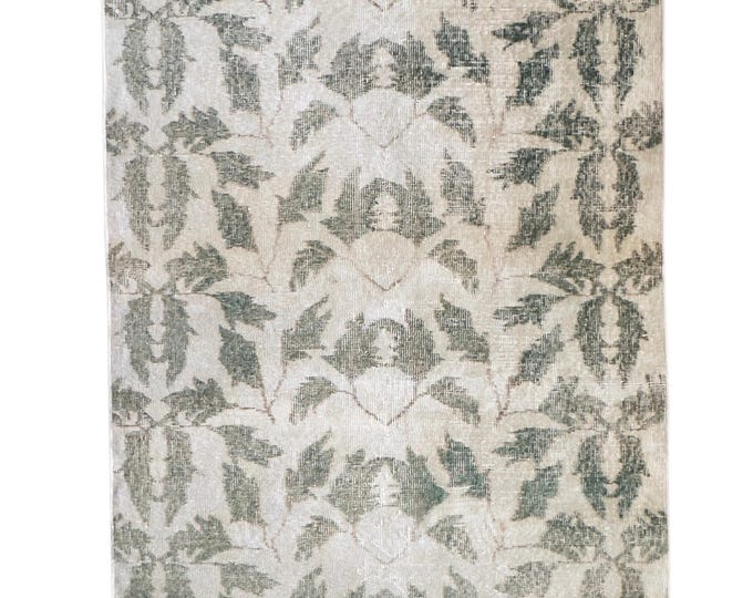 Vintage Turkish Isparta Rug, Hand Knotted Wool Leaf Floral, Distressed Sage Green Ivory,