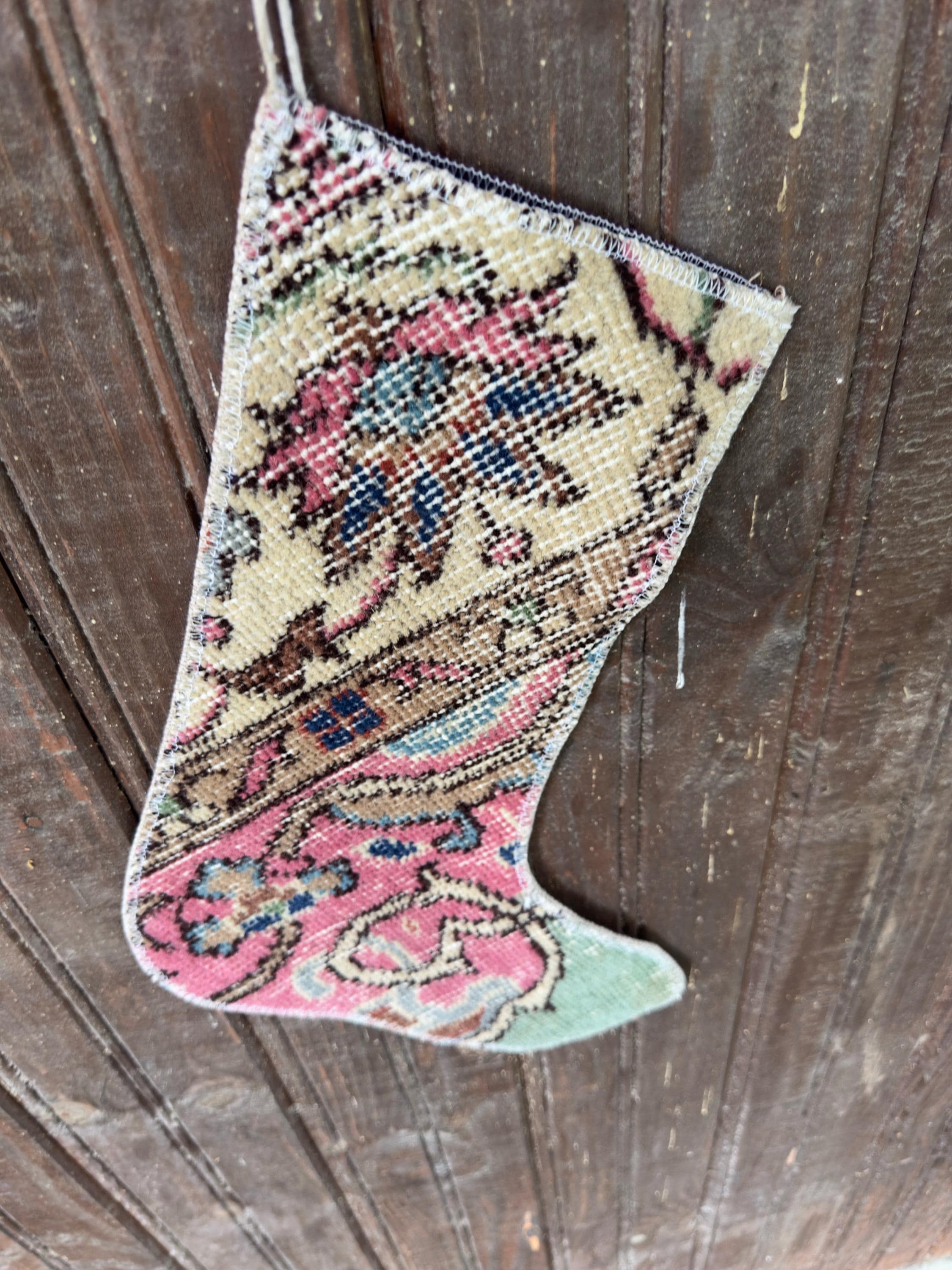 Christmas Stocking, Vintage Turkish Rug, Floral Cream Pink Taupe Mint Green, 16 in in cream, pink, green, finished edge detail