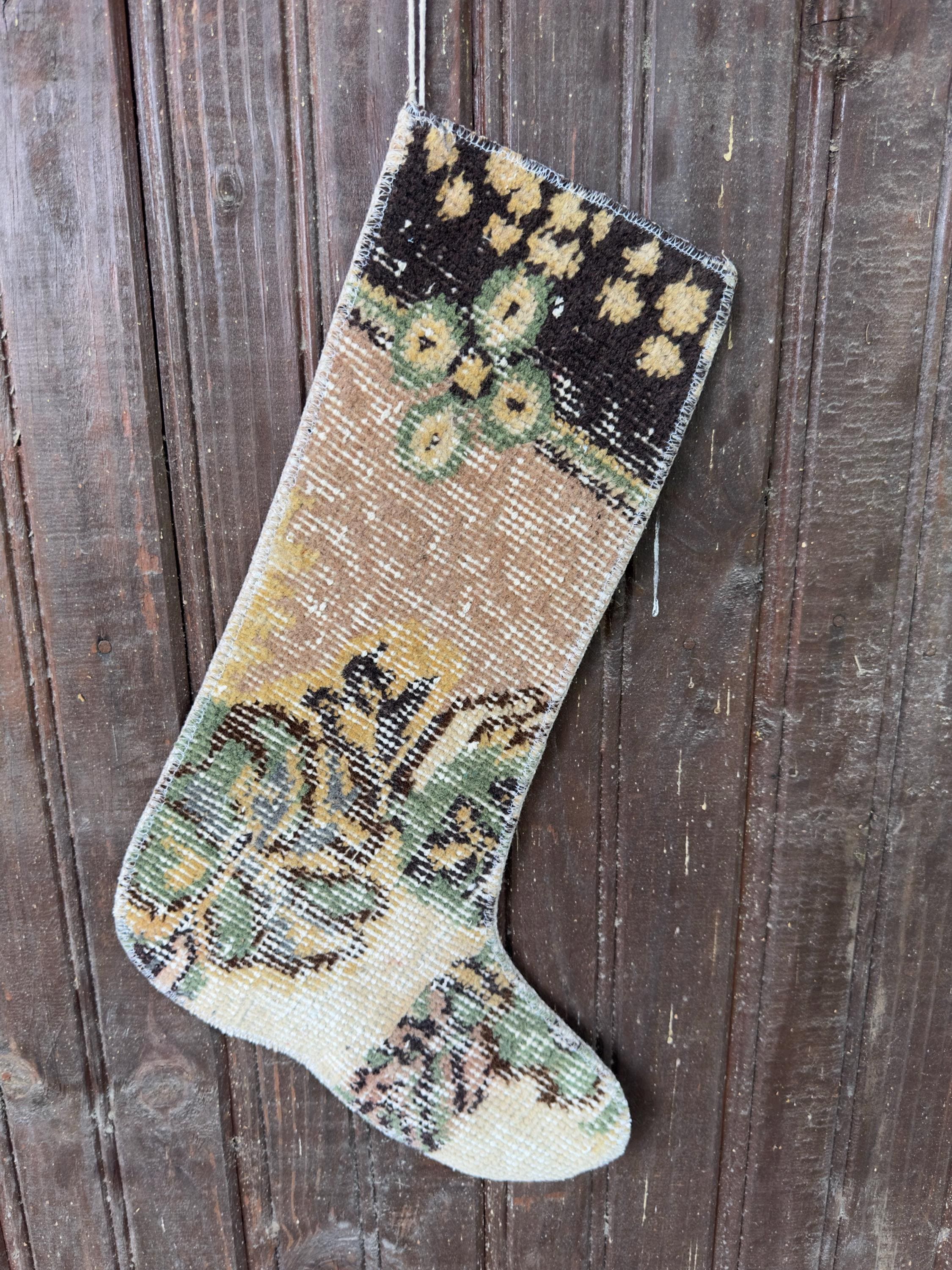 Christmas Stocking, Vintage Turkish Rug, Floral Sage Green Mustard Brown, 17 in in brown, green, sage, left-side pattern detail