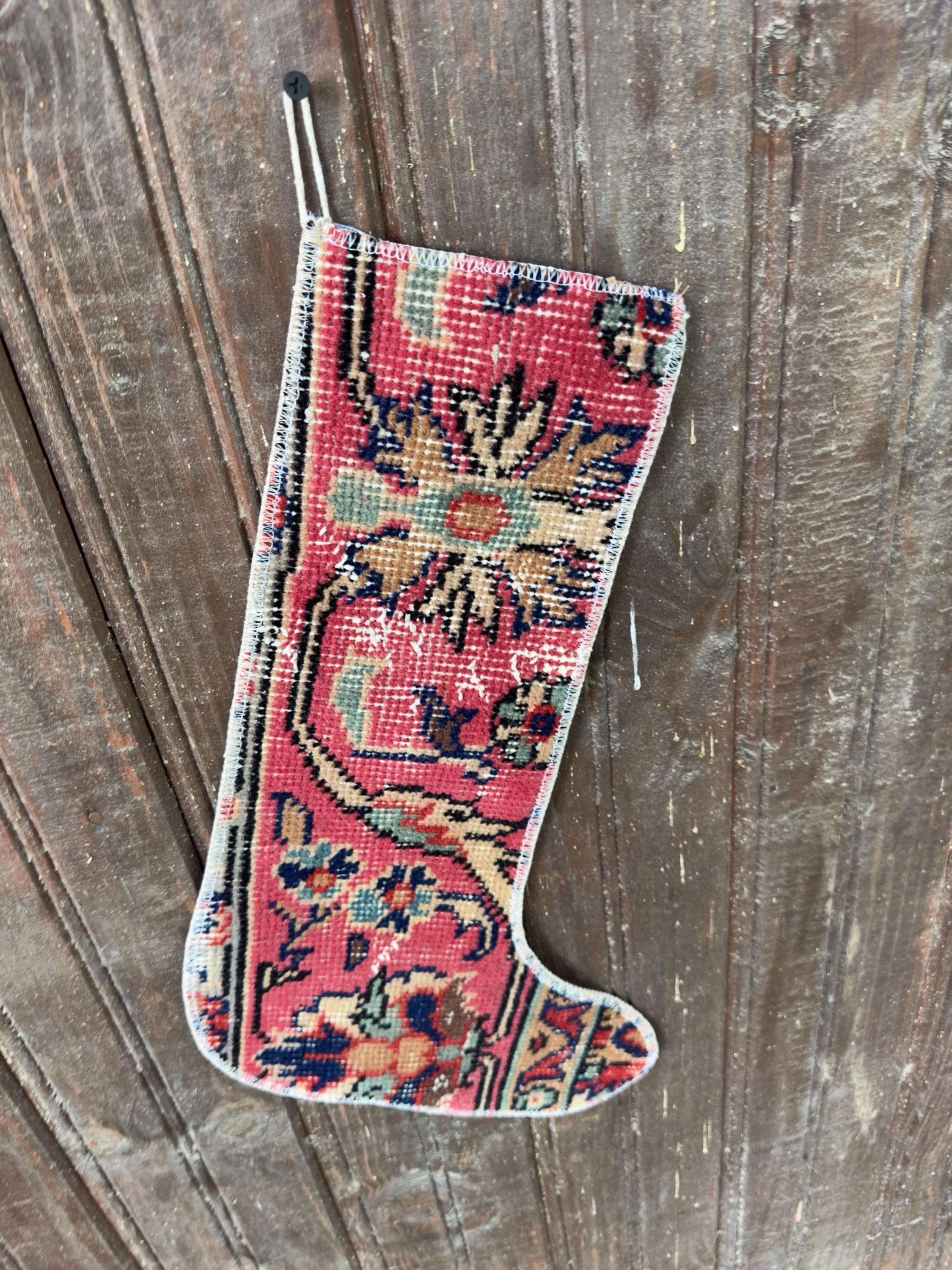 Vintage Turkish Rug Christmas Stocking, Rose Red Floral, Navy Cream Sage Gold, 12.2x18.5 in – view 5