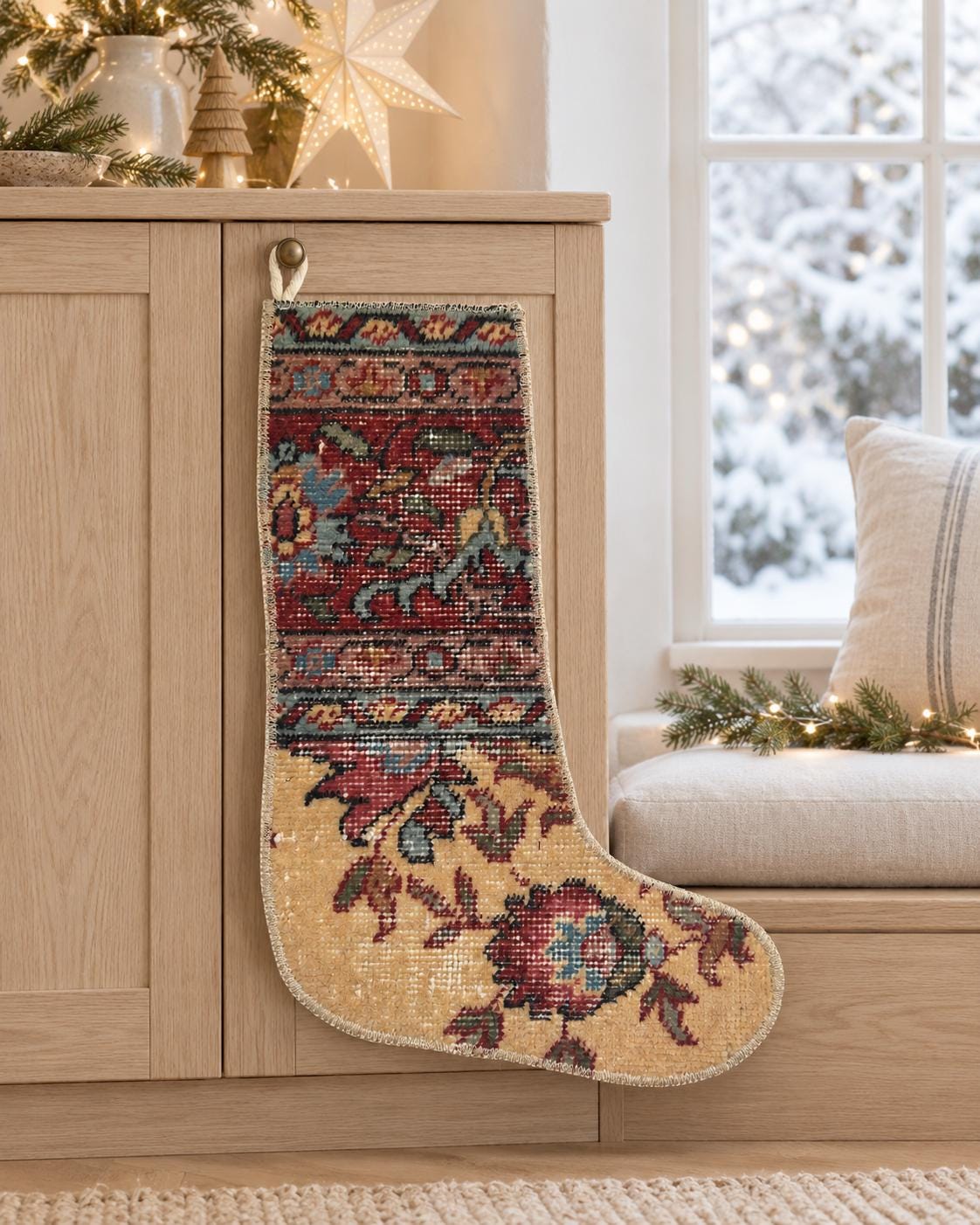 Vintage Hand Knotted Turkish Wool Rug Christmas Stocking, Ivory Floral, 17.7 x 12.2 in
