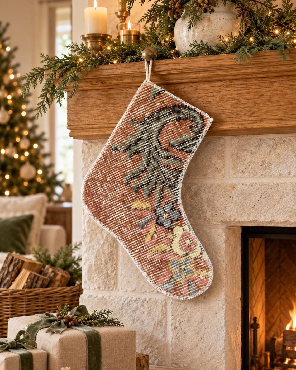 Christmas Stocking, Vintage Turkish Rug, Floral Terracotta Olive Cream, 11 in in cream, terracotta, full front view