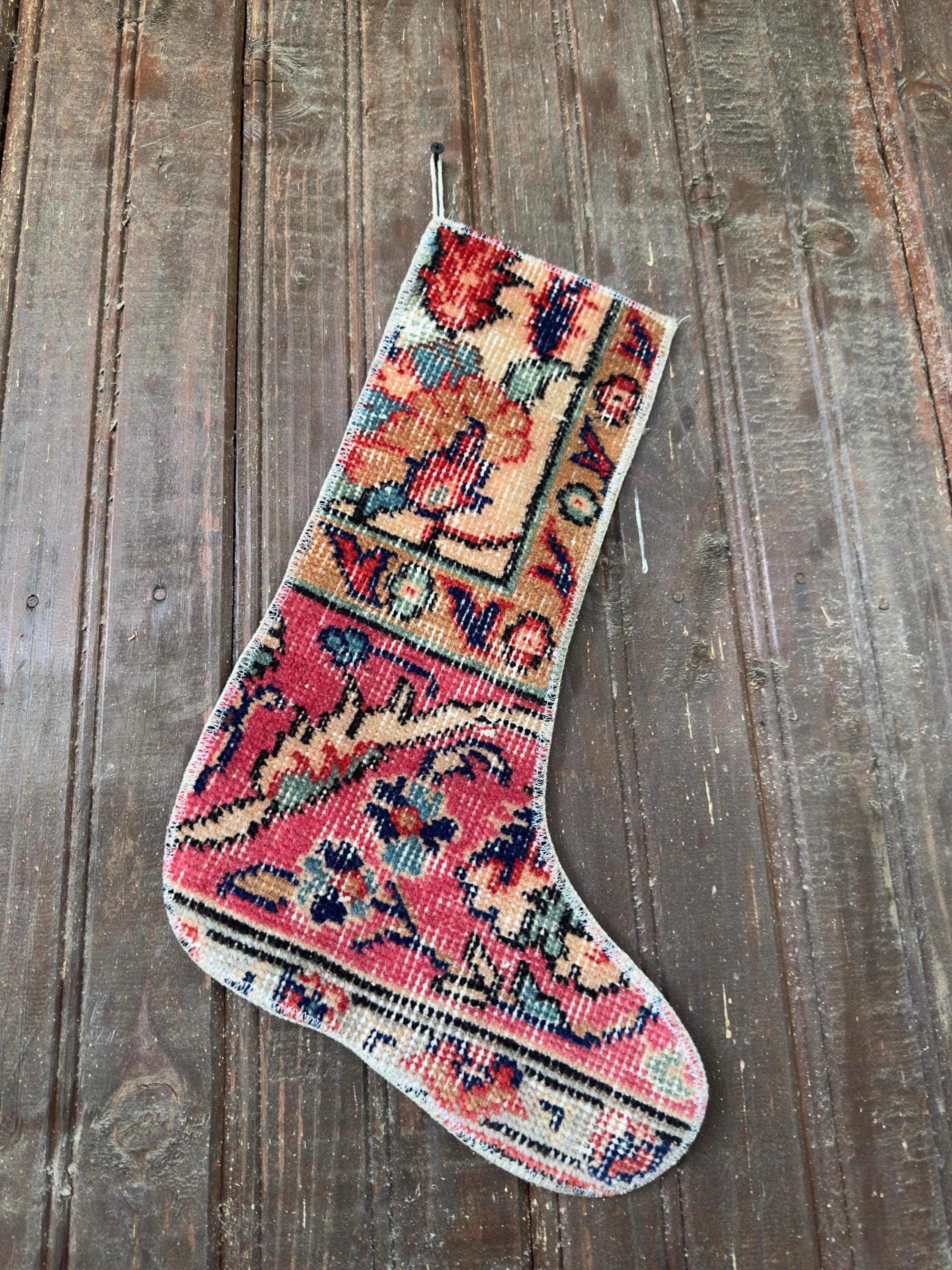 Christmas Stocking, Vintage Turkish Rug, Floral Ivory Red Raspberry Pink, 17 in in ivory, red, pink, left-side pattern detail