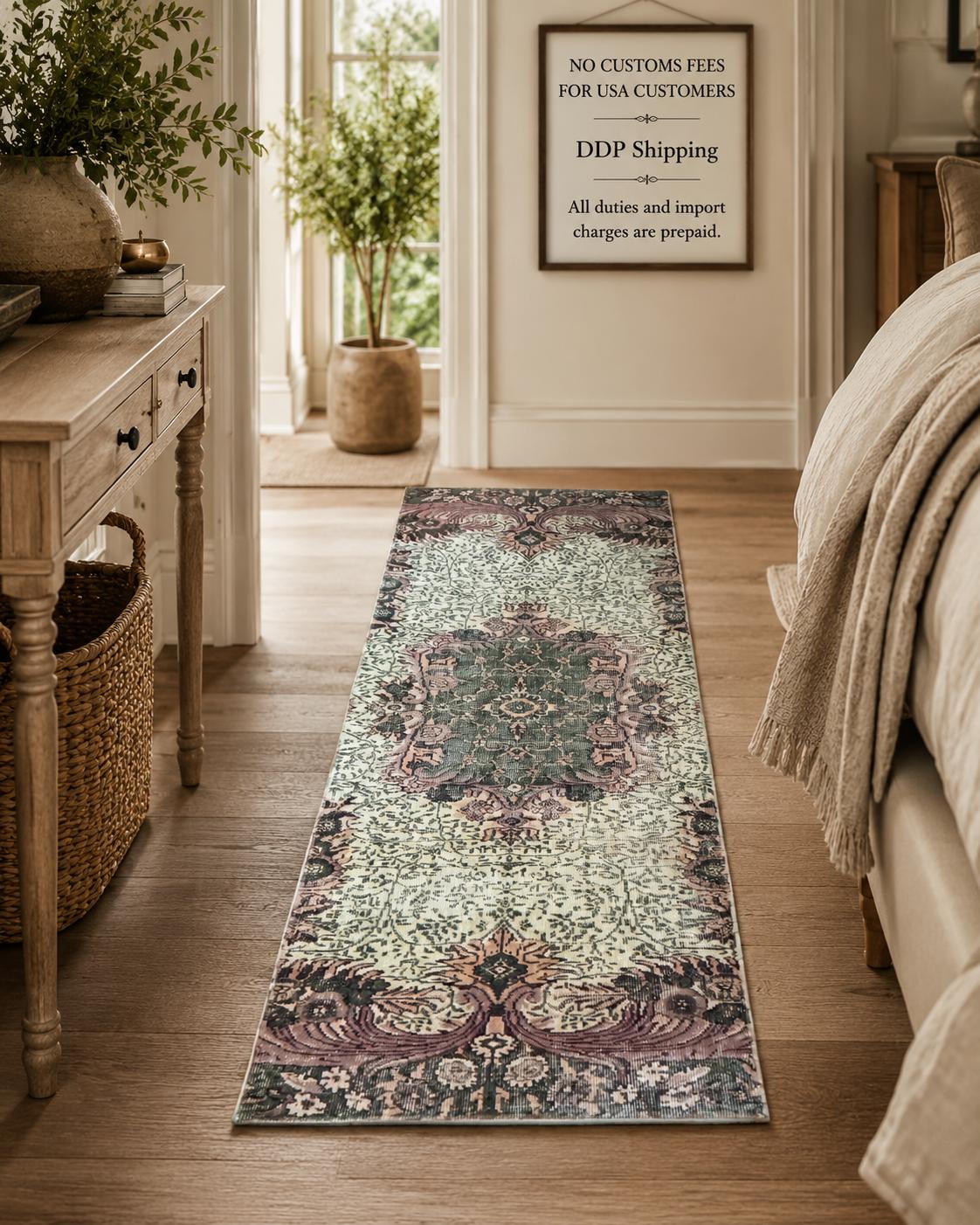 Vintage Turkish Isparta Runner Rug, Hand-Knotted Wool Medallion, Faded Sage Mauve, 78x247 cm
