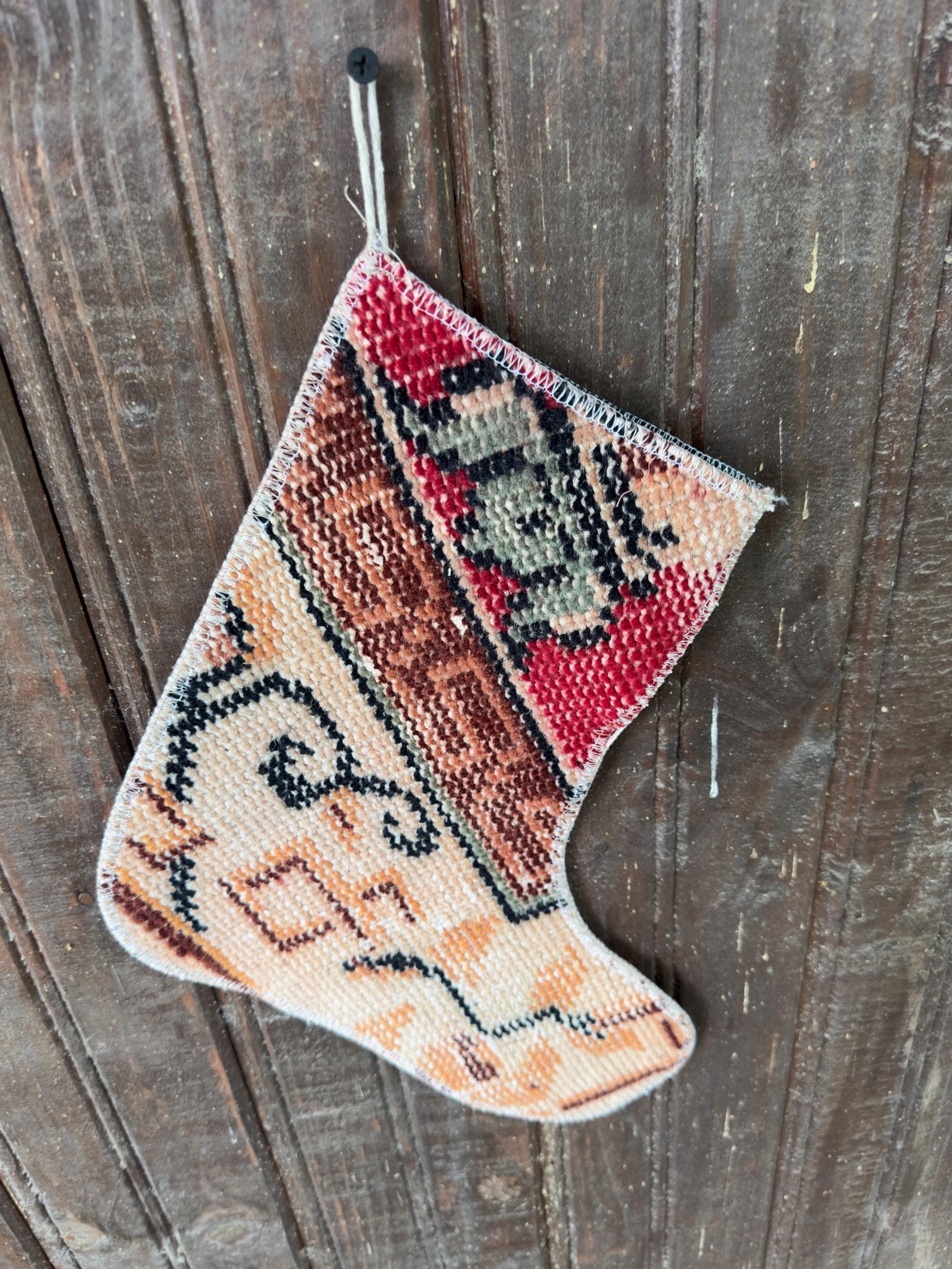Vintage Turkish Rug Christmas Stocking, Earthy Red Rust Brown, Cream Peach Orange, 11.8x12.2 in – view 6