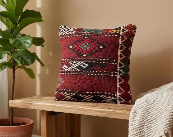 16” Turkish Kilim Cushion, Red Tribal Geometric Handmade Accent
