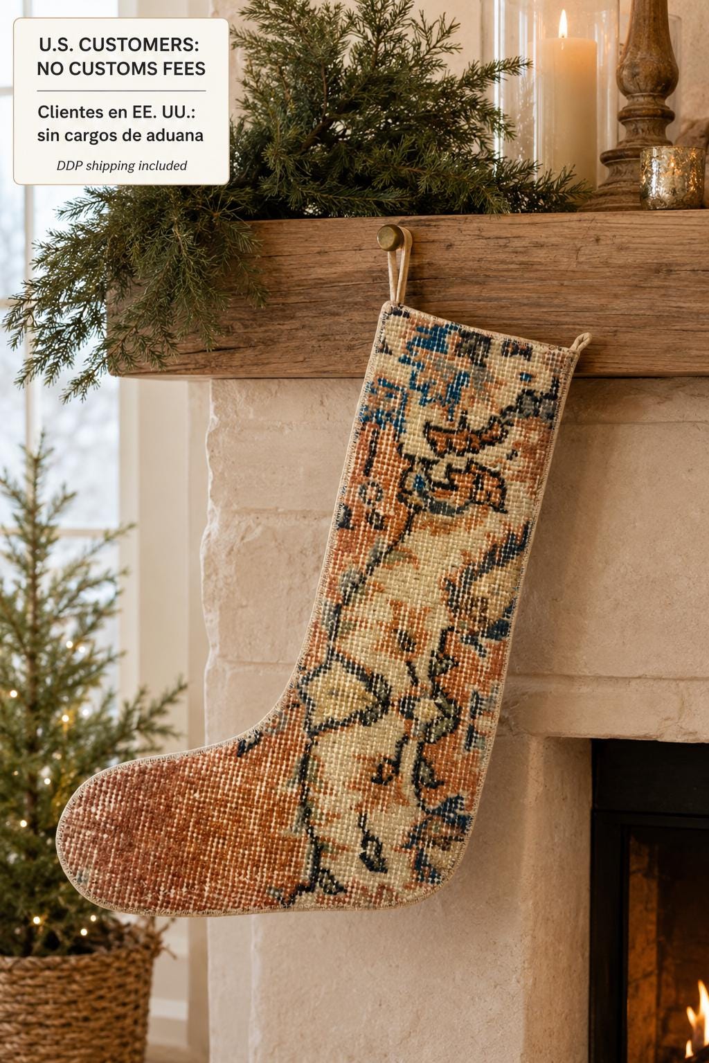 Turkish Rug Christmas Stocking, Vintage Wool Kilim, Terracotta Teal Boho Fireplace Decor