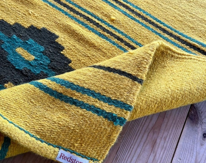 Handwoven Vintage Kilim Rug, 90x95 cm (35x37 in), Yellow Green Khaki, Cotton & Wool, Boho Floor Covering, Artisan Crafted