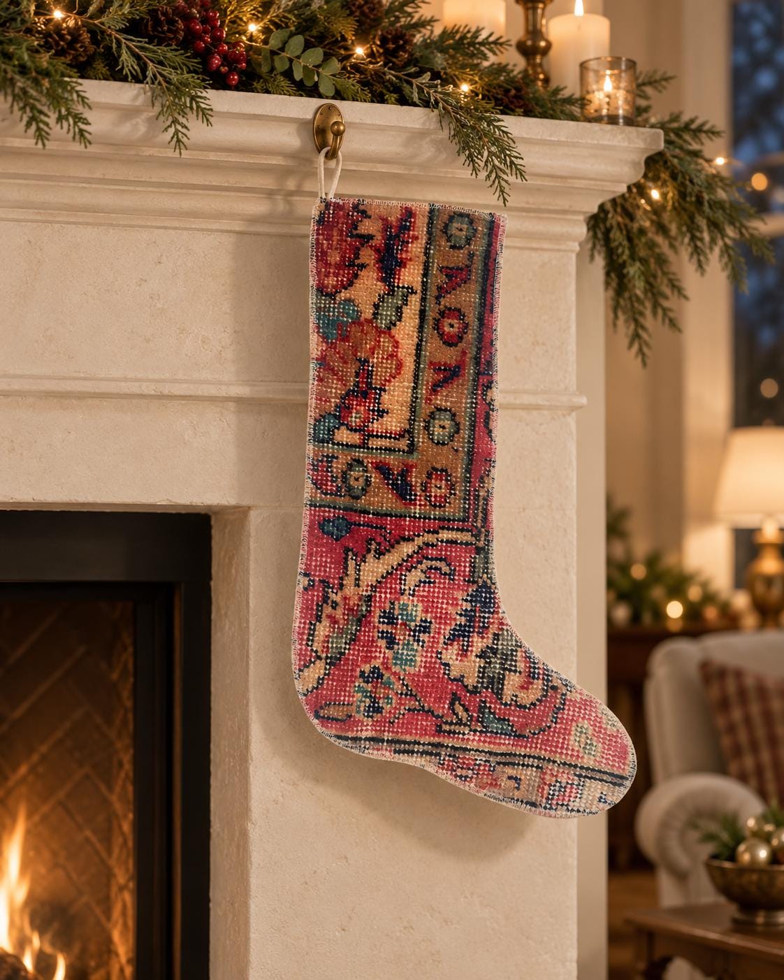 Christmas Stocking, Vintage Turkish Rug, Traditional Floral Medallion Burgundy Terracotta, 18 in