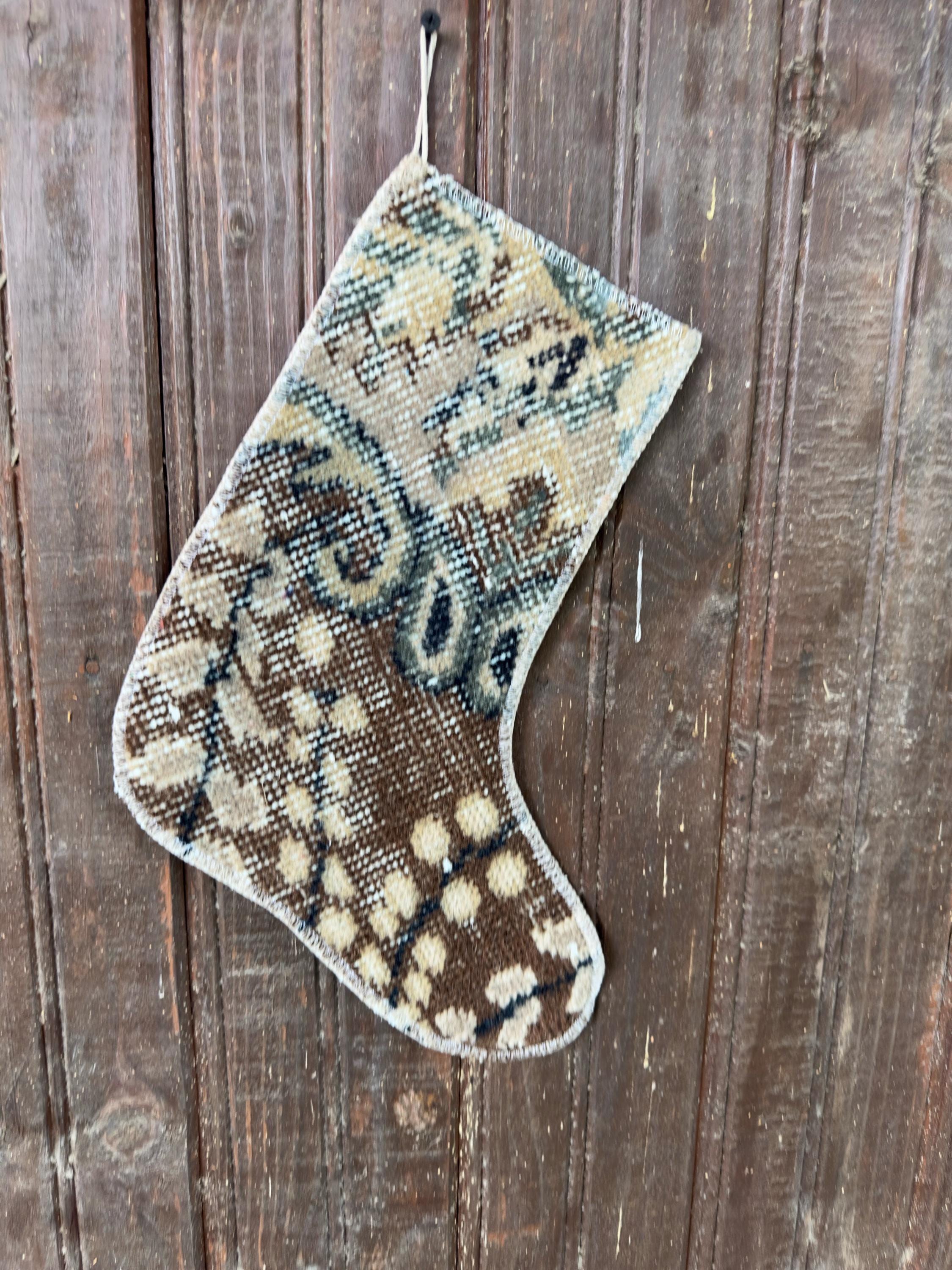 Christmas Stocking, Vintage Turkish Rug, Scroll Pattern Brown Cream Sage Navy, 13 in in cream, brown, navy, sage, central motif detail