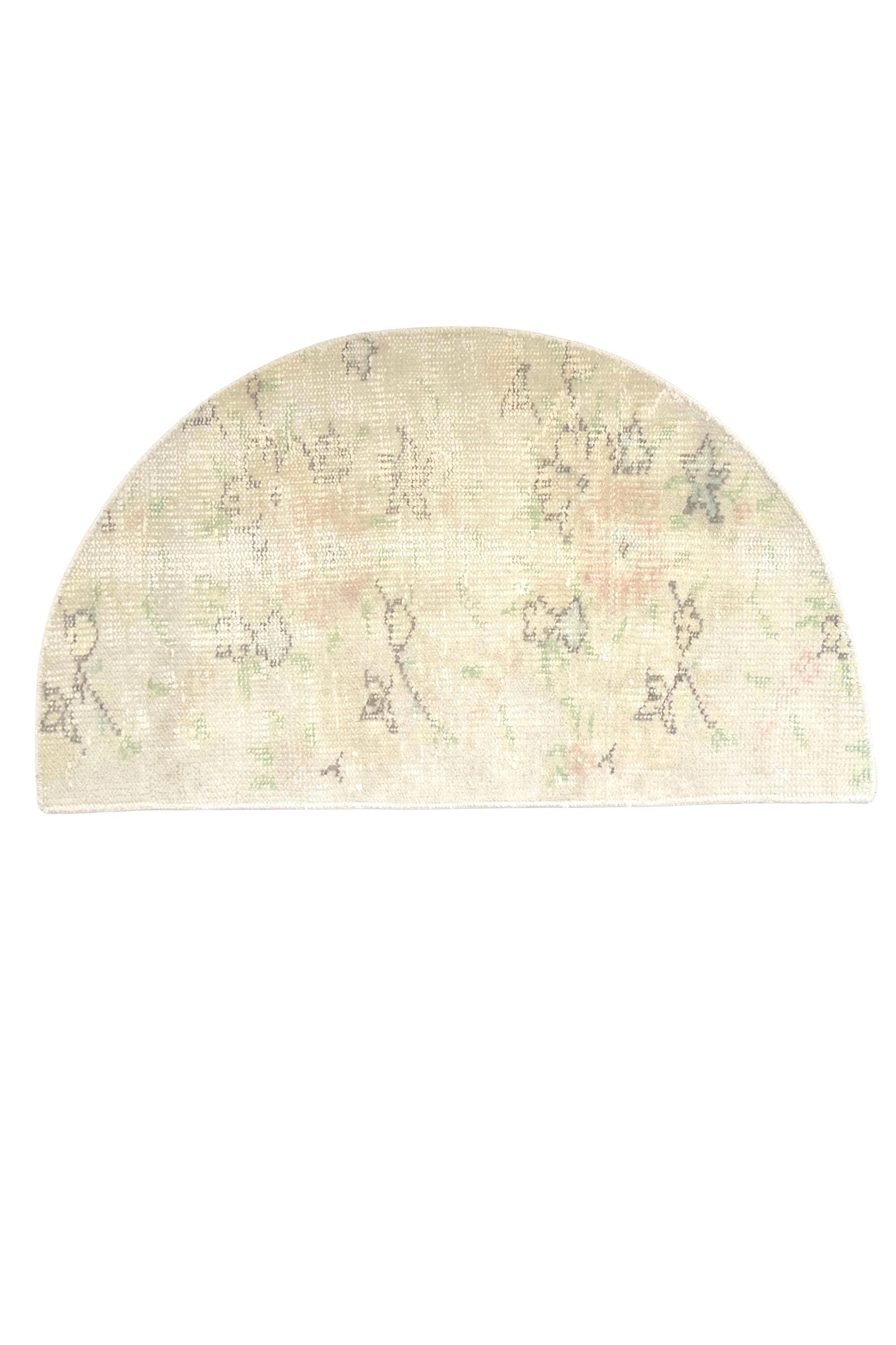 Vintage Turkish Semicircle Rug, Handwoven Wool, Ivory Blush Pink Sage Faded, 1.6x2.77 ft – view 3