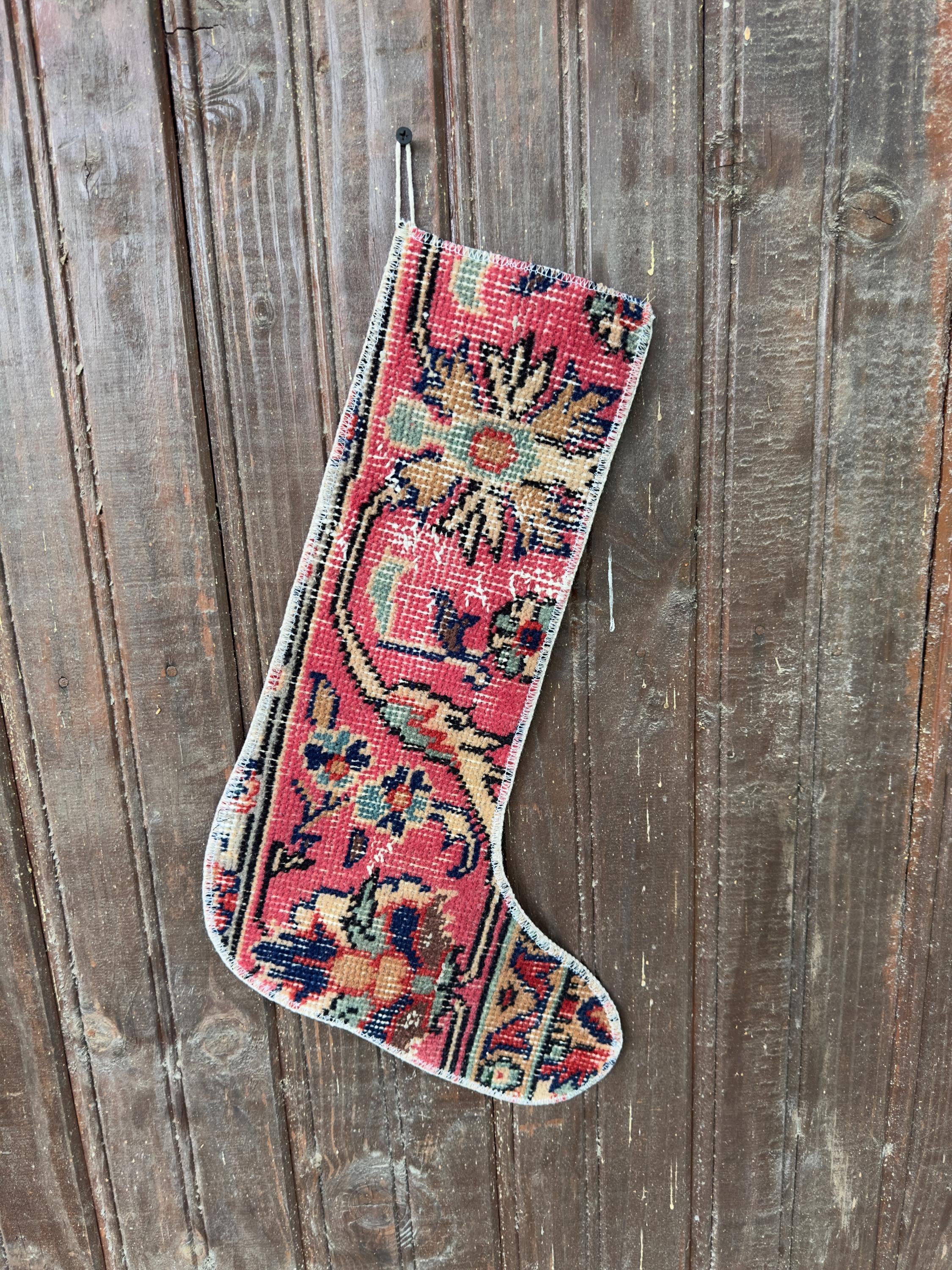 Vintage Turkish Rug Christmas Stocking, Rose Red Floral, Navy Cream Sage Gold, 12.2x18.5 in – view 3