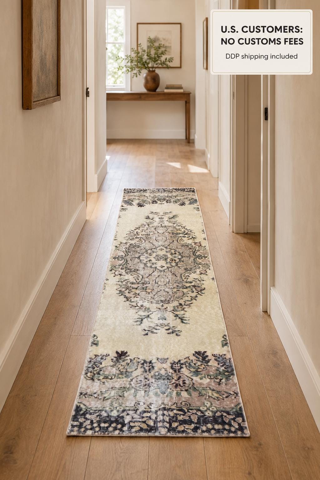 Vintage Turkish Isparta Runner Rug, Hand-Knotted Wool Medallion, Faded Ivory Navy, 75x285 cm