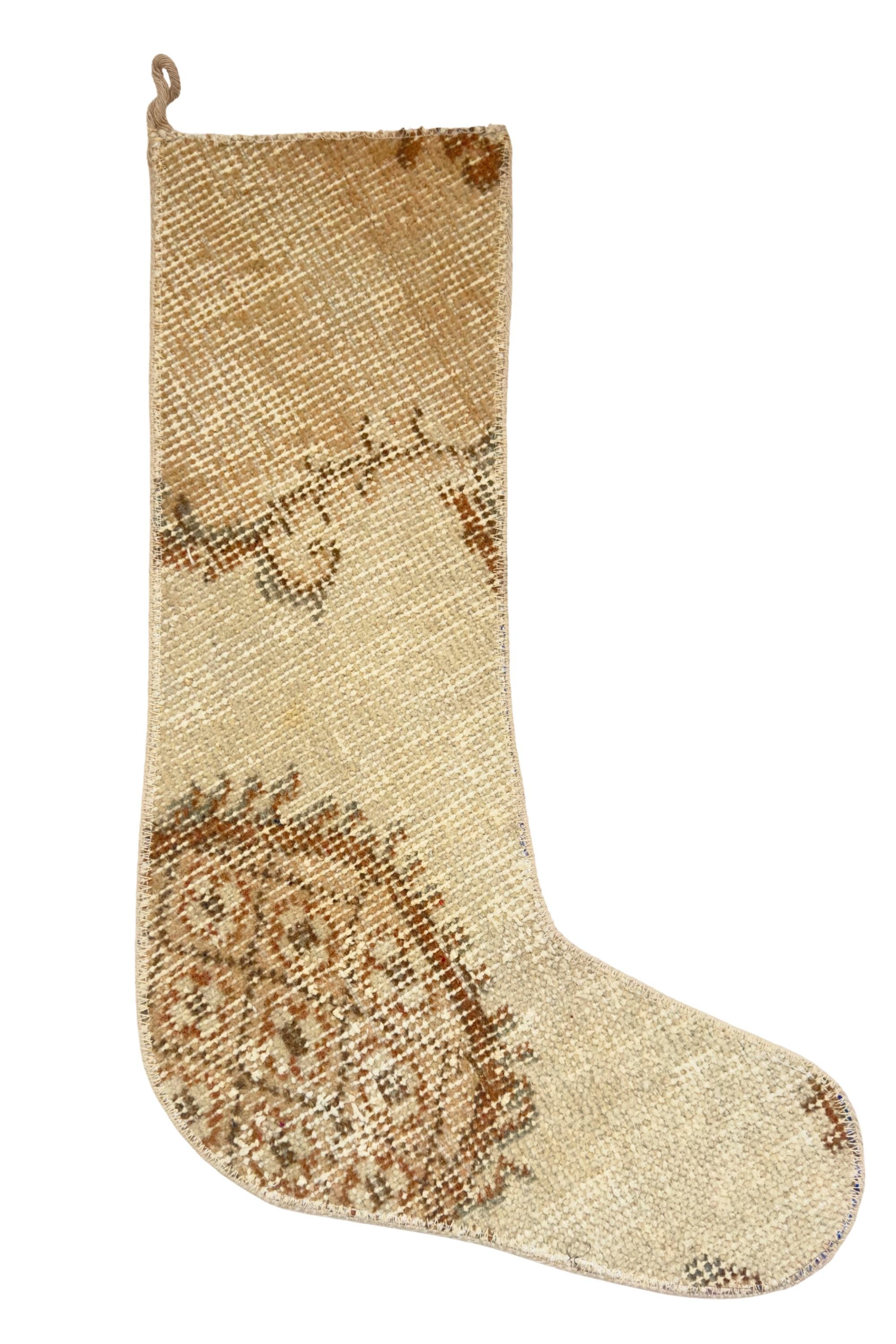 Turkish Rug Christmas Stocking, Handmade Vintage Anatolian Wool, Faded Ivory, Boho Rustic Fireplace Decor – view 7
