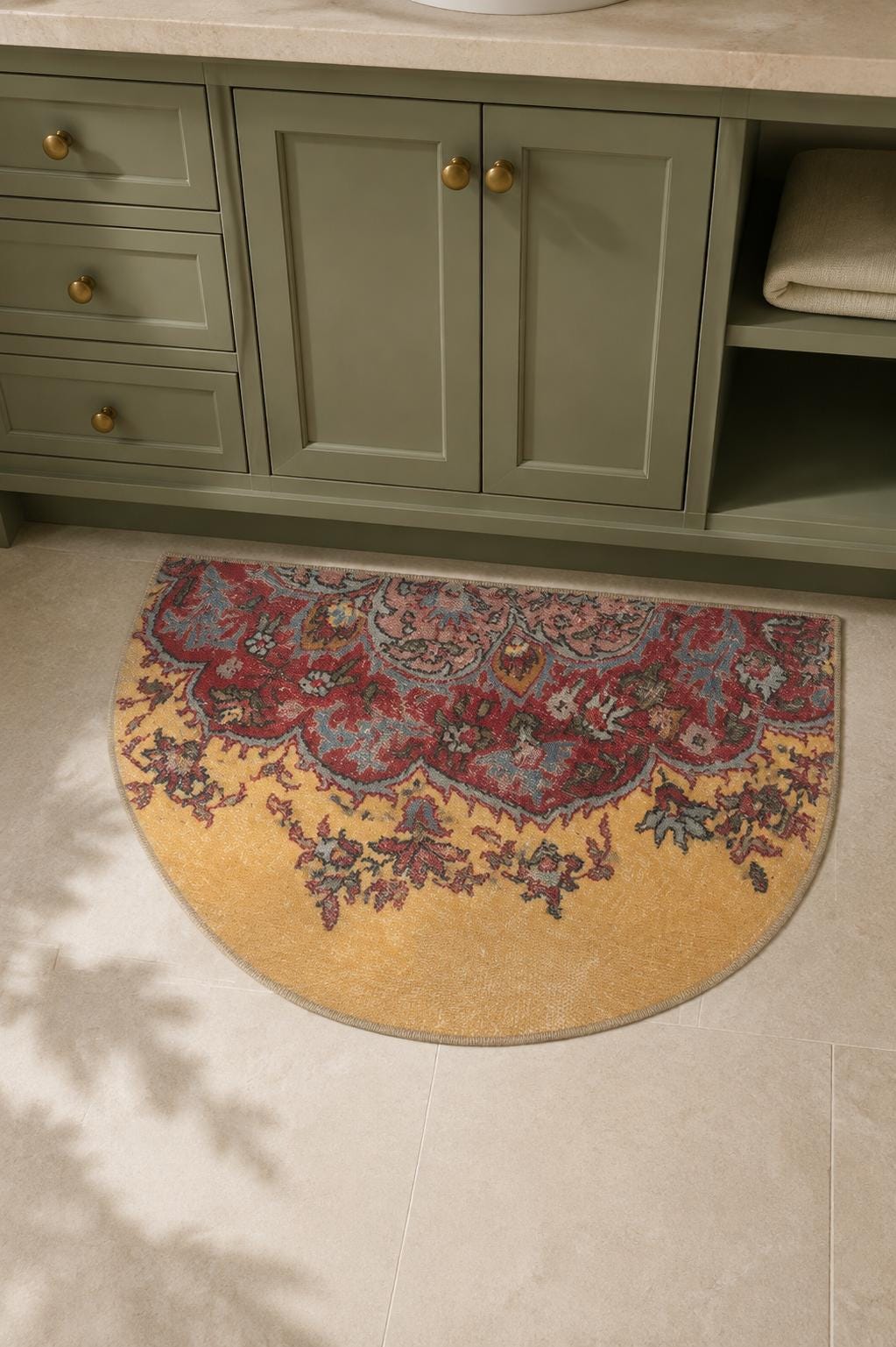 Vintage Turkish Semicircle Rug, Hand-Knotted Wool Floral Medallion, Gold Burgundy Blue-Gray, 1.6x2.8 ft