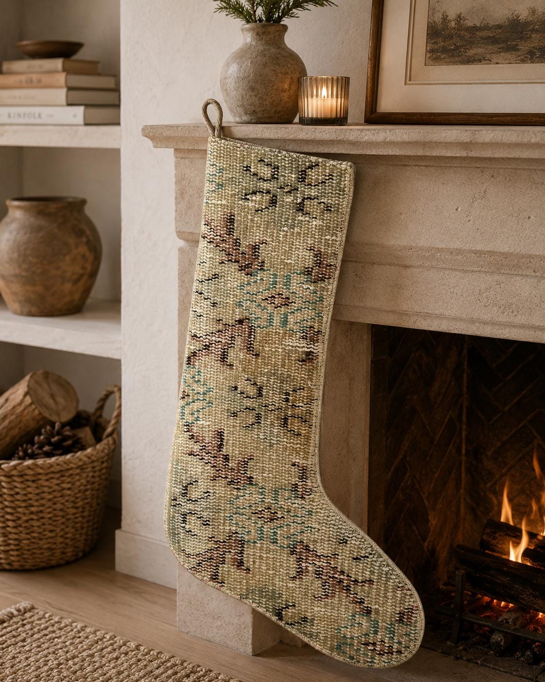 Turkish Rug Christmas Stocking, Handmade Vintage Anatolian Wool, Dusty Rose, Boho Rustic Fireplace Decor