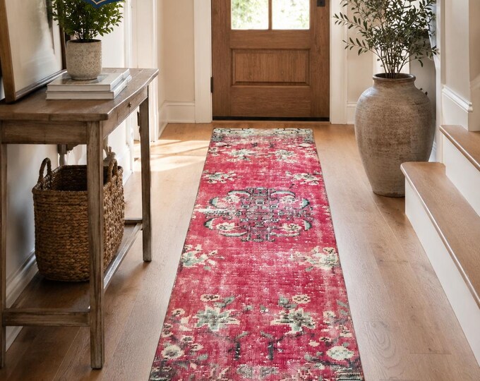 Turkish Runner Rug, Vintage Isparta Handwoven Wool Medallion Floral, Distressed Raspberry Pink Ivory,
