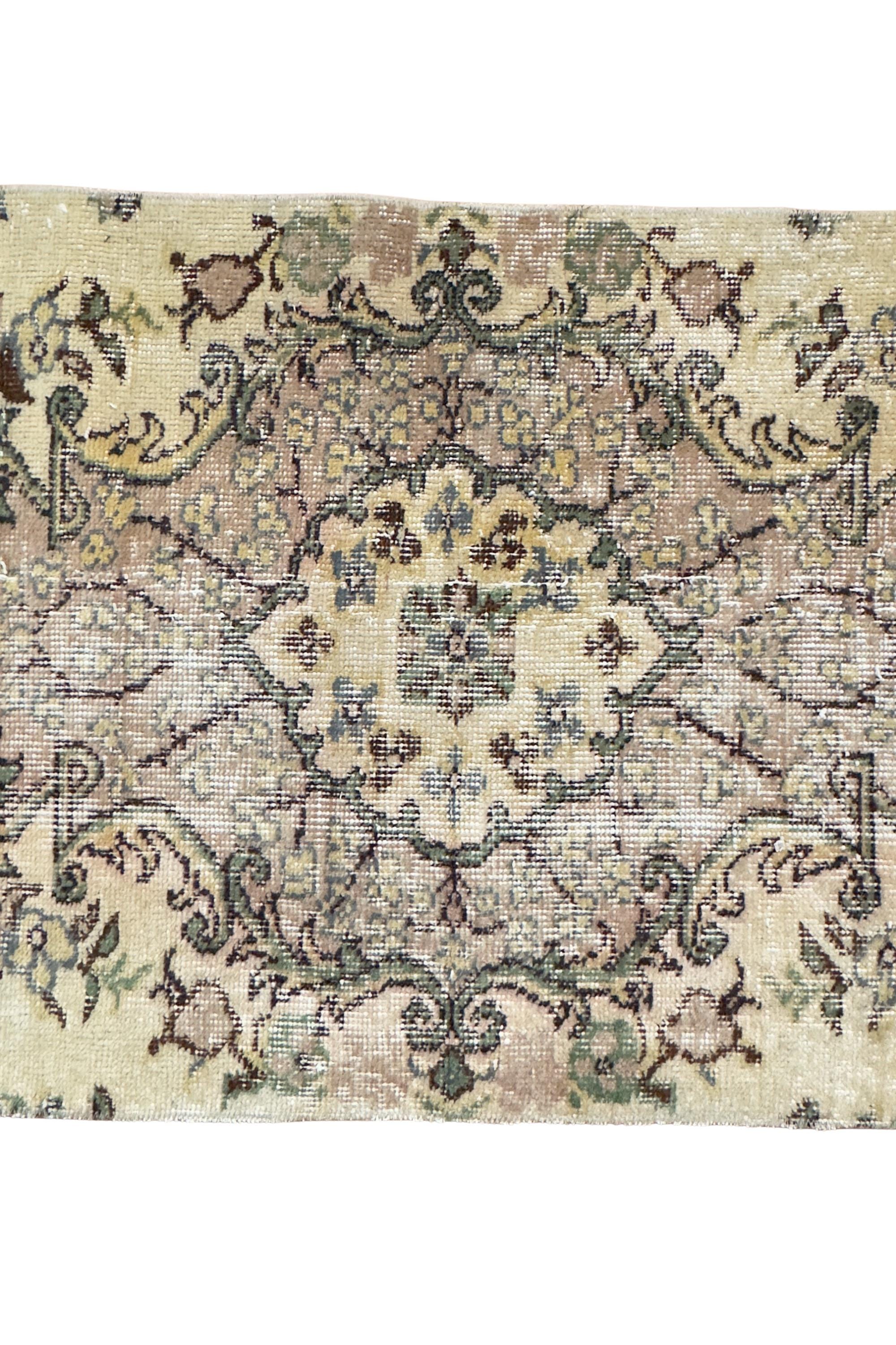 Vintage Turkish Isparta Runner Rug, Hand-Knotted Wool Medallion, Faded Ivory Navy, 75x285 cm – view 9