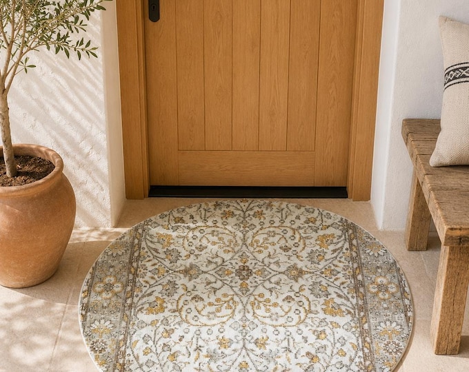 Round Area Rug, Vintage Isparta Handwoven Wool Circle, Distressed Ivory Gold Floral, 3.8 ft