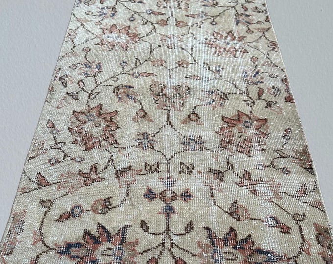 Vintage Floral Oushak Runner Rug: Handwoven Wool Entryway Rug (2x3 Ft)