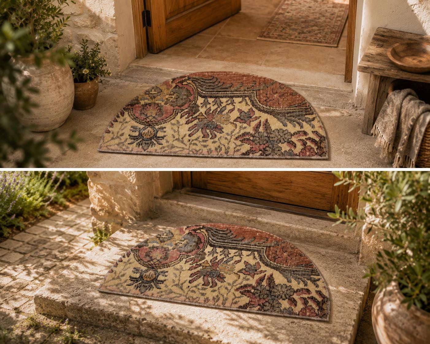 Vintage Turkish Semicircle Rug, Handwoven Wool Medallion, Dusty Rose Ivory Caramel, 1.4x2.5 ft – view 3