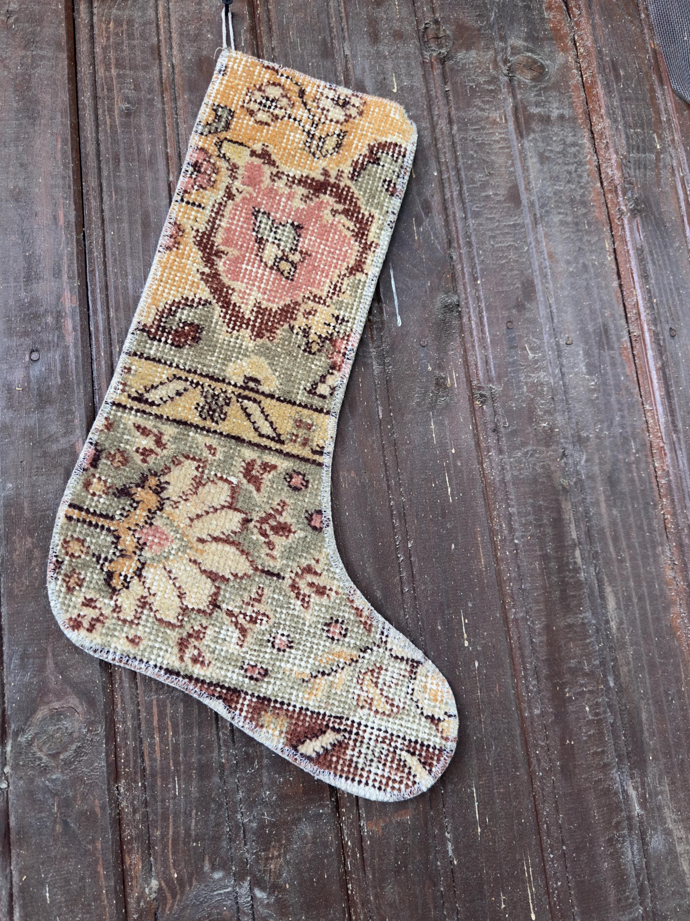 Vintage Turkish Rug Christmas Stocking, Farmhouse Floral Medallion, Mustard Pink Sage, 12.2x18.5 in – view 4