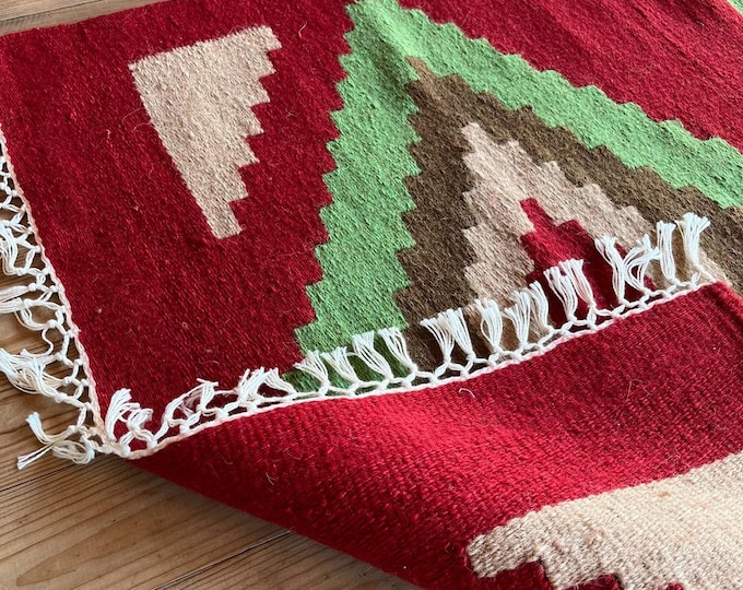 Handwoven Wool Kilim | Turkish Flatweave Rug Red Green Khaki Beige | Vintage Oriental Carpet | Boho Rustic Ethnic Home Decor