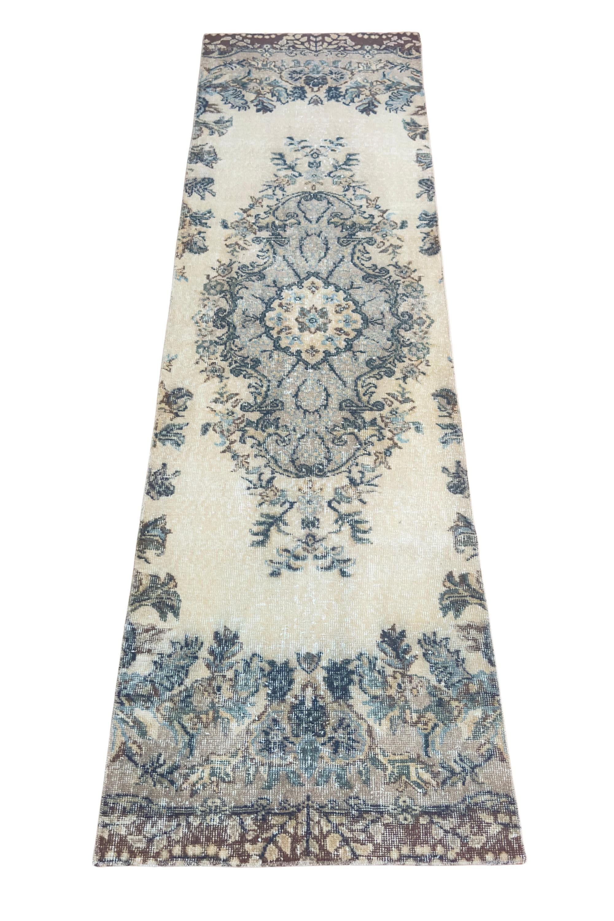 Vintage Turkish Runner Rug, Hand-Knotted Wool Floral Medallion, Faded Slate Blue Ivory, 2.8x9 ft – view 8