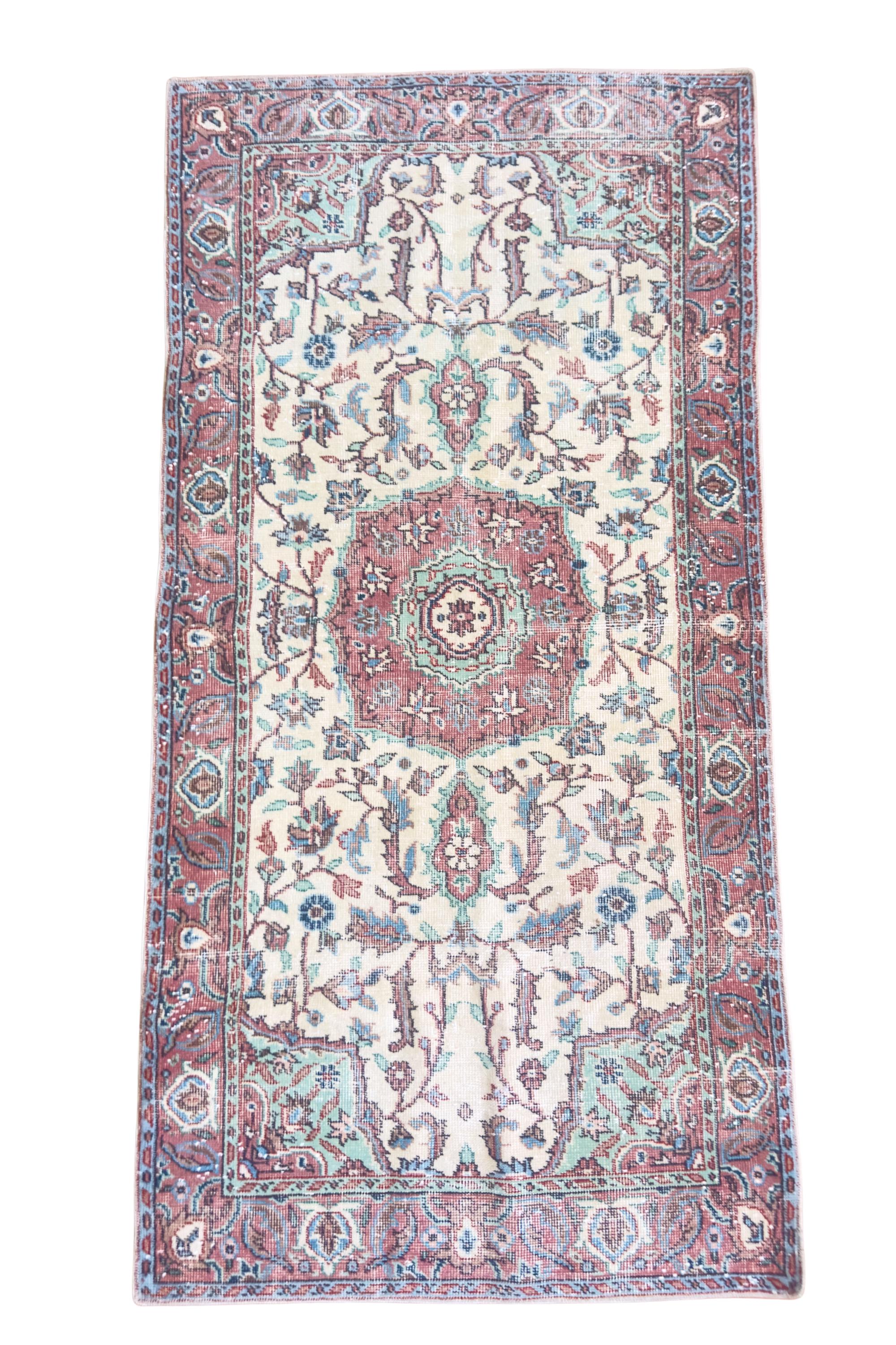 Vintage Turkish Rug, 3x6 Hand Knotted Wool, Dusty Rose Floral Medallion, Victorian Entryway Rug – view 10