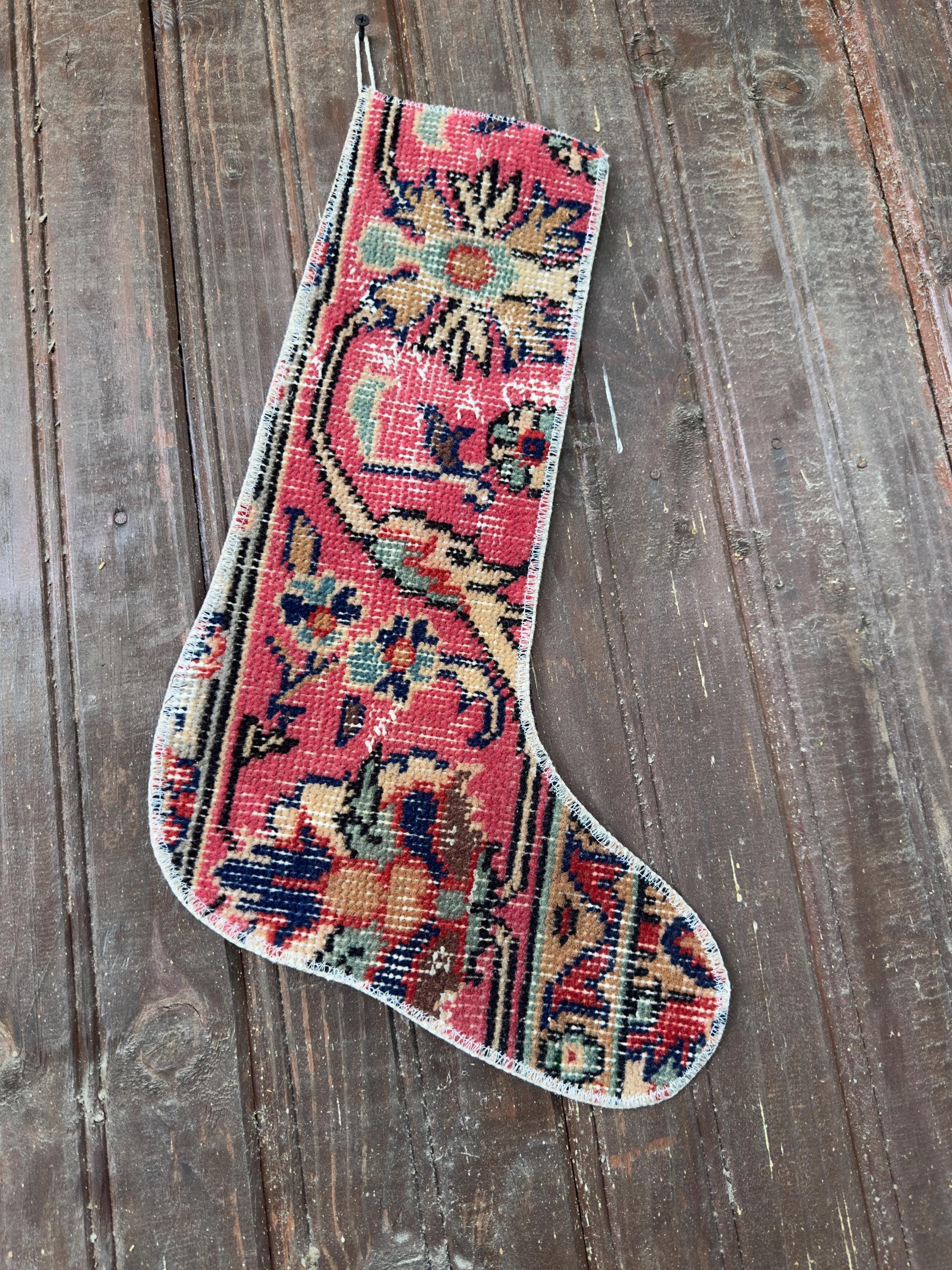 Vintage Turkish Rug Christmas Stocking, Rose Red Floral, Navy Cream Sage Gold, 12.2x18.5 in – view 4