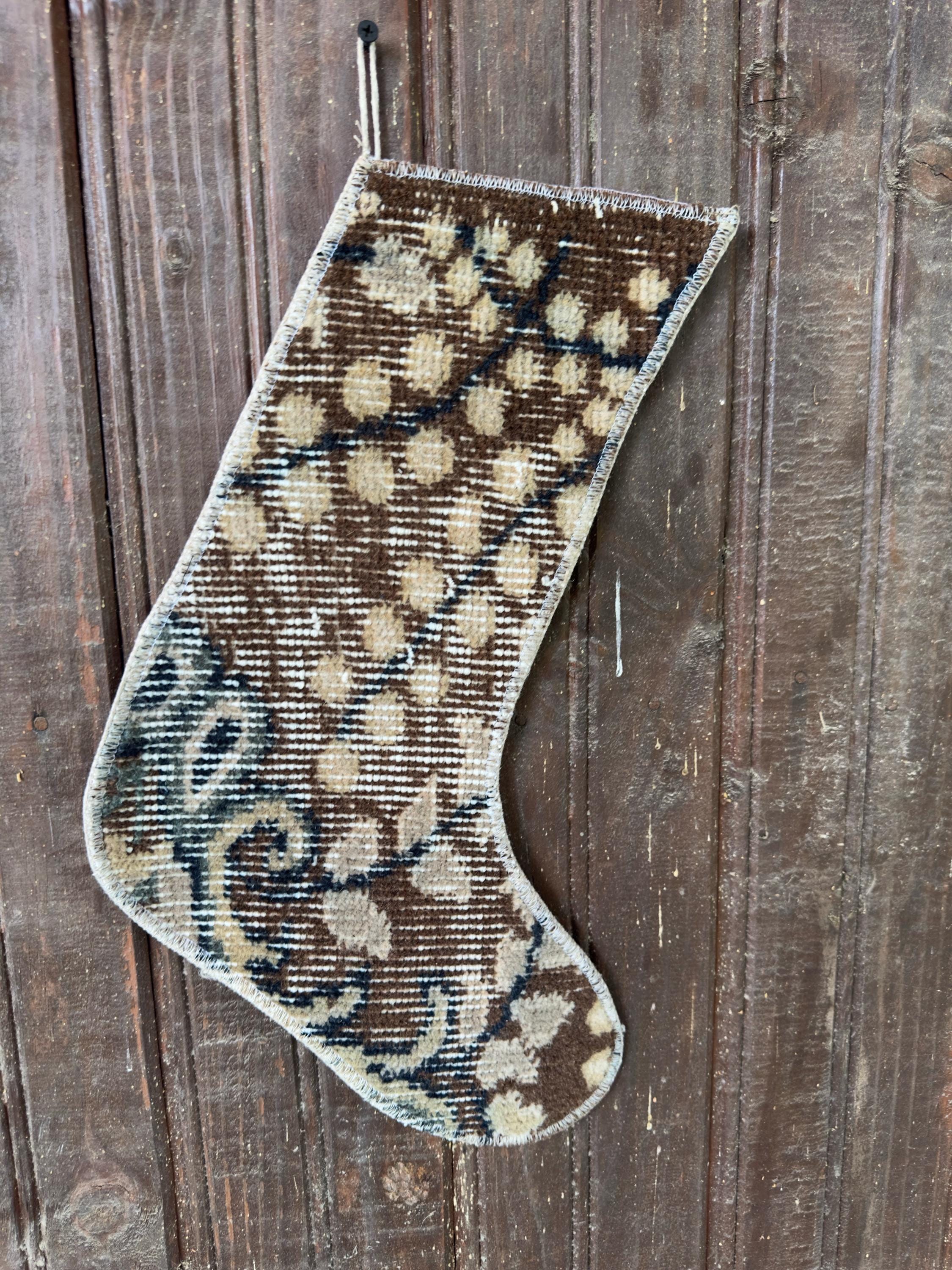 Christmas Stocking, Vintage Turkish Rug, Vine Pattern Brown Cream Navy, 15 in in cream, brown, navy, finished edge detail