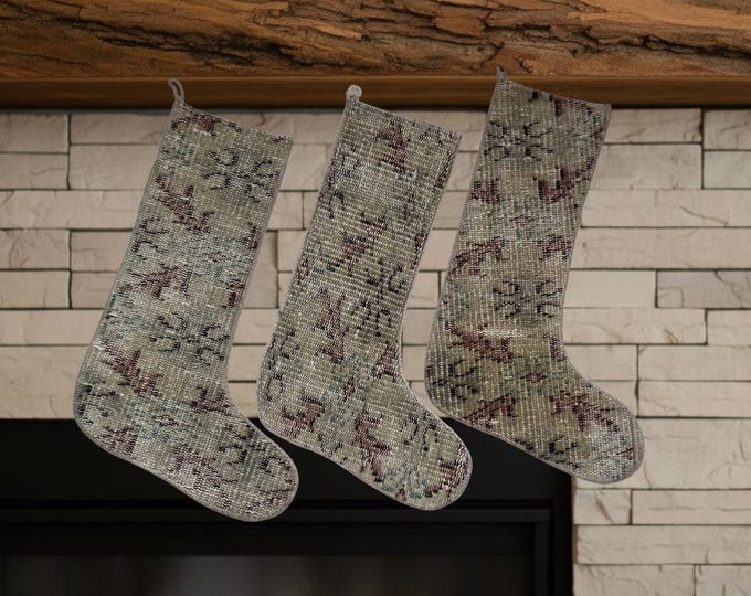 Set of 3 Vintage Turkish Rug Christmas Stockings – Neutral Wool Holiday Decor