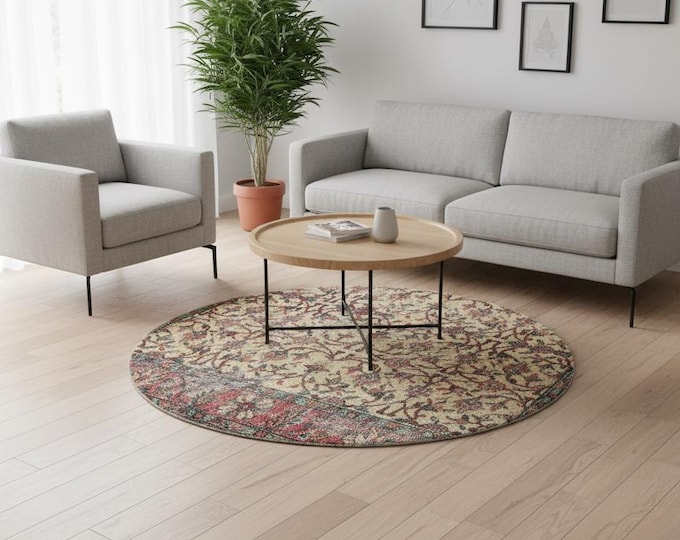 Vintage Turkish Wool Circle Rug: Handmade Floral Medallion (3.93 x 3.93 ft)