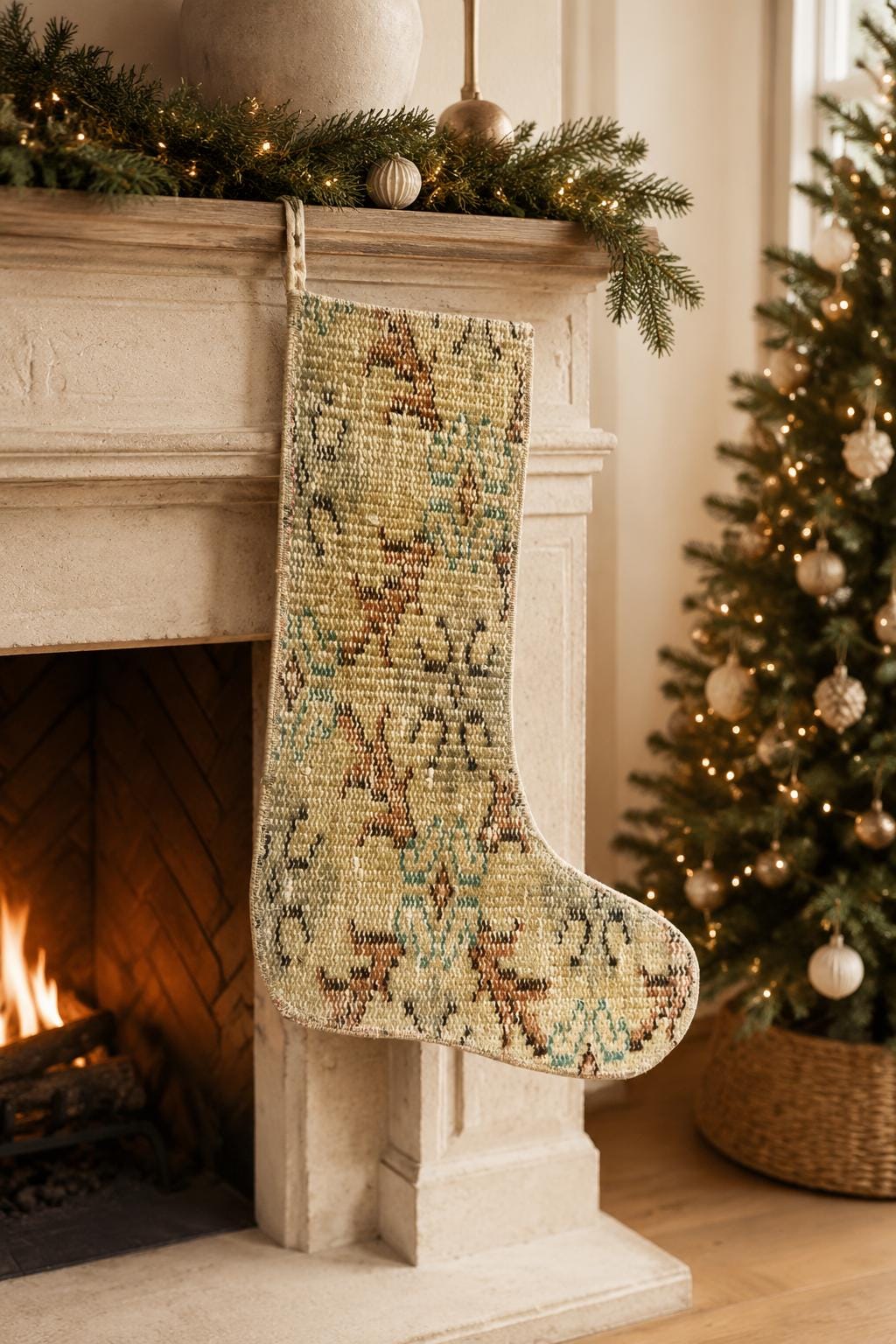 Turkish Rug Christmas Stocking, Handmade Vintage Wool, Sage Green Rust, Boho Fireplace Decor