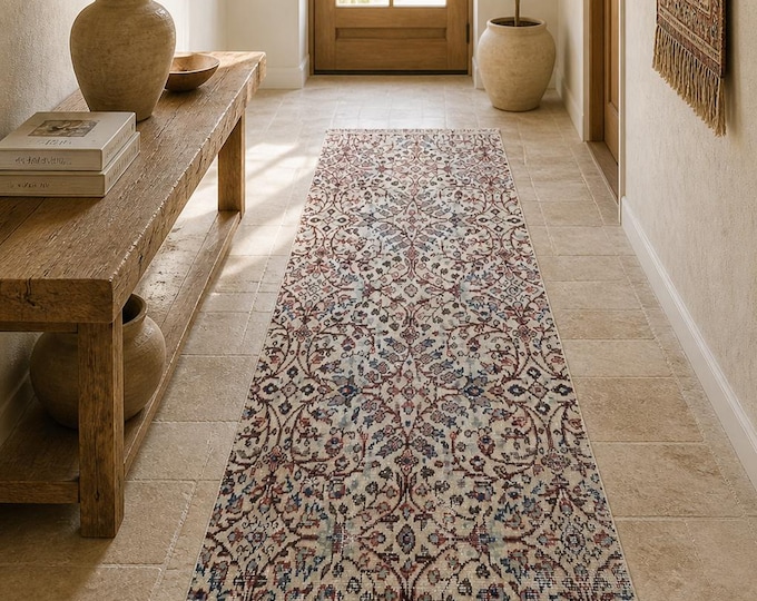 Turkish Runner Rug, Vintage Isparta Handwoven Wool Floral, Distressed Ivory Burgundy Blue, 2.5x6.4 ft