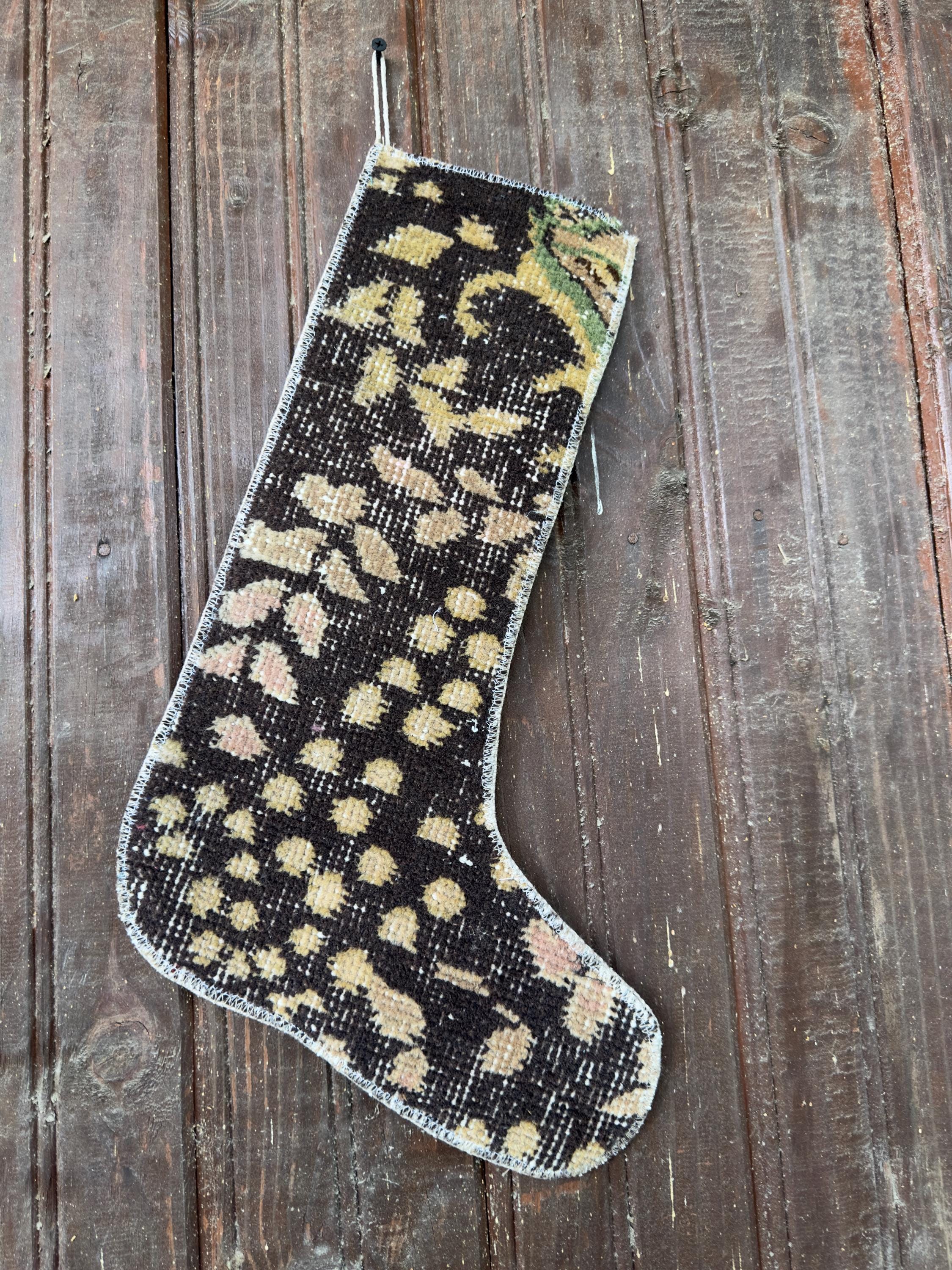Vintage Turkish Rug Christmas Stocking, Espresso Brown Mustard Gold, Blush Olive Floral, 12.2x18.1 in – view 4