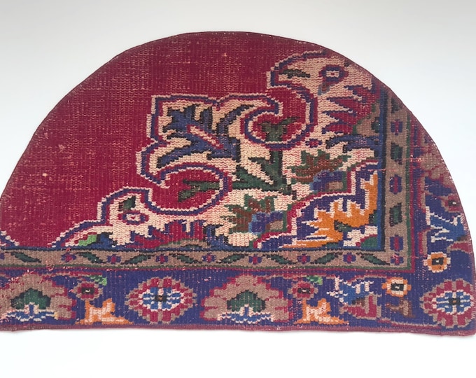 Vintage Turkish Semicircle Rug 21x33 Inch Handwoven Wool Entryway Mat