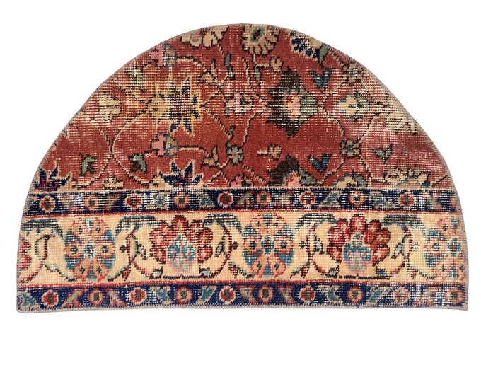 Semicircle Oushak Turkish Vintage Handmade Wool Small Entry Boho Decor