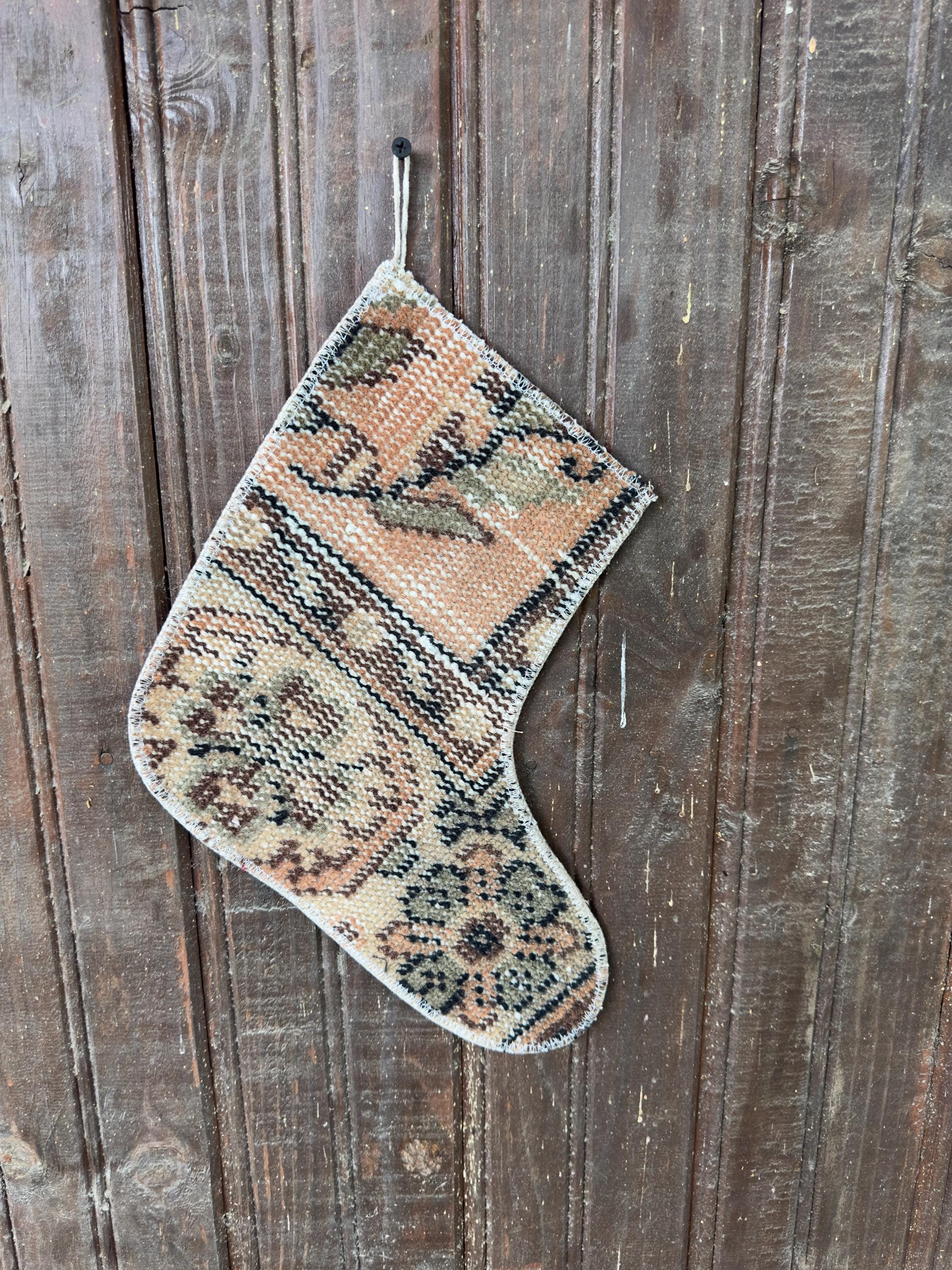 Vintage Turkish Rug Christmas Stocking, Peach Olive Tan Floral Medallion, Brown Black, 11.0x12.2 in – view 3