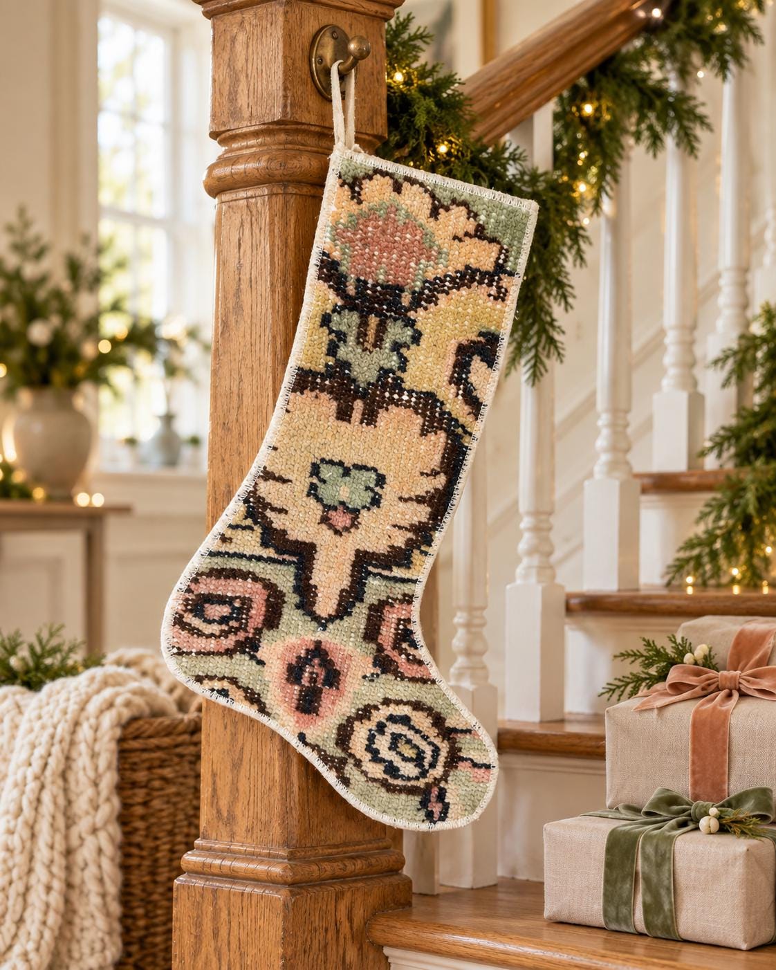 Vintage Turkish Rug Christmas Stocking, Large Peach Flower, Sage Salmon Mustard Brown, 11.8x16.1 in – view 1