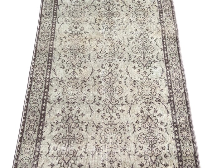 Vintage Turkish Isparta, Hand Knotted Wool, Gray Beige Floral, Oushak Style, Distressed Look, 4x6 Anatolian