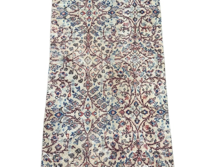 Vintage Turkish Runner, Hand Knotted Wool, Ivory Floral Arabesque, Oushak Style, Bohemian Hallway Rug, 2x6 Anatolian