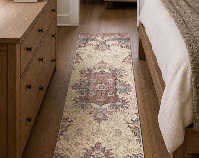 Turkish Runner Rug, Vintage Isparta Handwoven Wool Medallion, Distressed Ivory Mauve, 2.5x8.7 ft