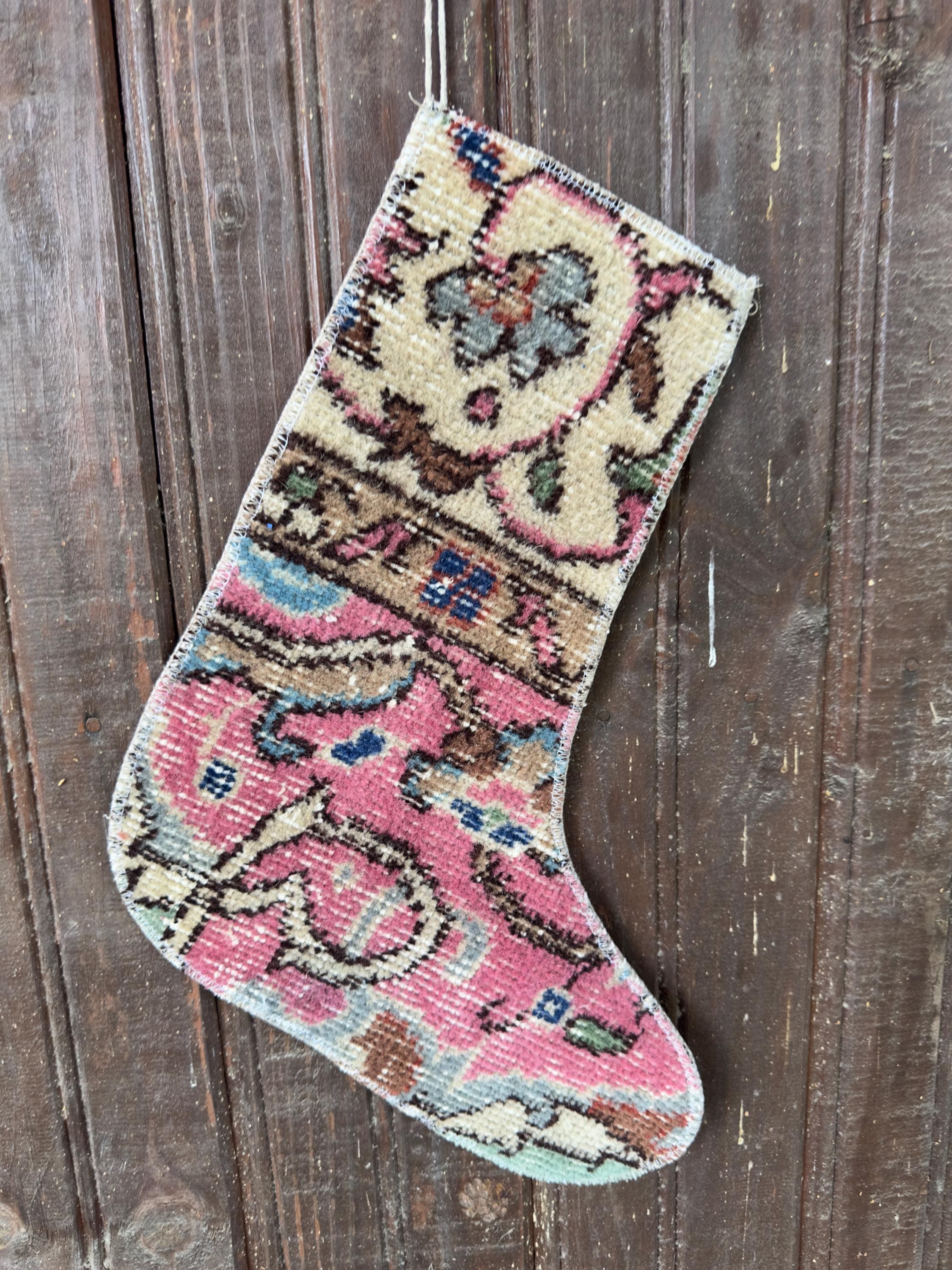 Vintage Turkish Rug Christmas Stocking, Rose Pink Floral Medallion, Cream Taupe Blue, 12.2x14.6 in – view 5