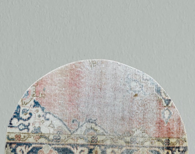 Vintage Turkish Wool Rug: Half Circle Doormat, Blue & Red (1.5x2.4 ft)