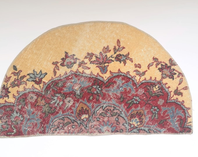 19.5x33 Inch Vintage Turkish Semicircle Rug, Floral Wool Half Round Entry Rug