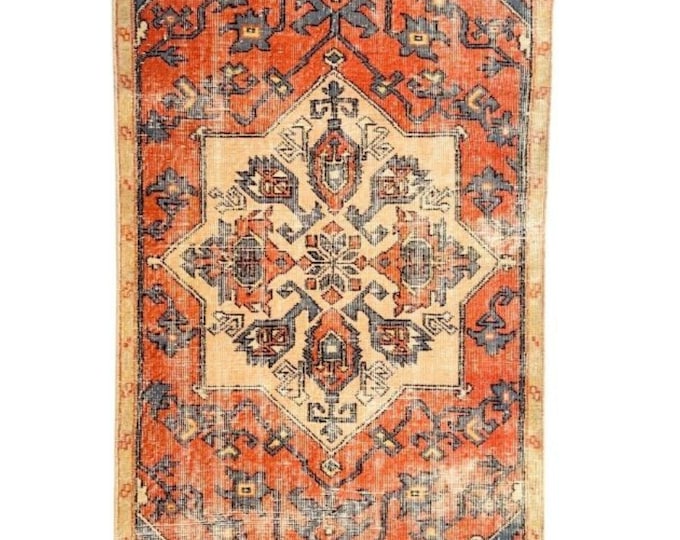 Vintage Heriz Style Rug 35"x77" Navy Terracotta Distressed